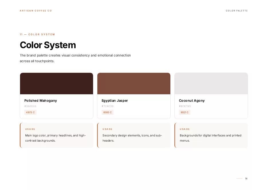 Brand guidelines sample - color system page with Pantone codes